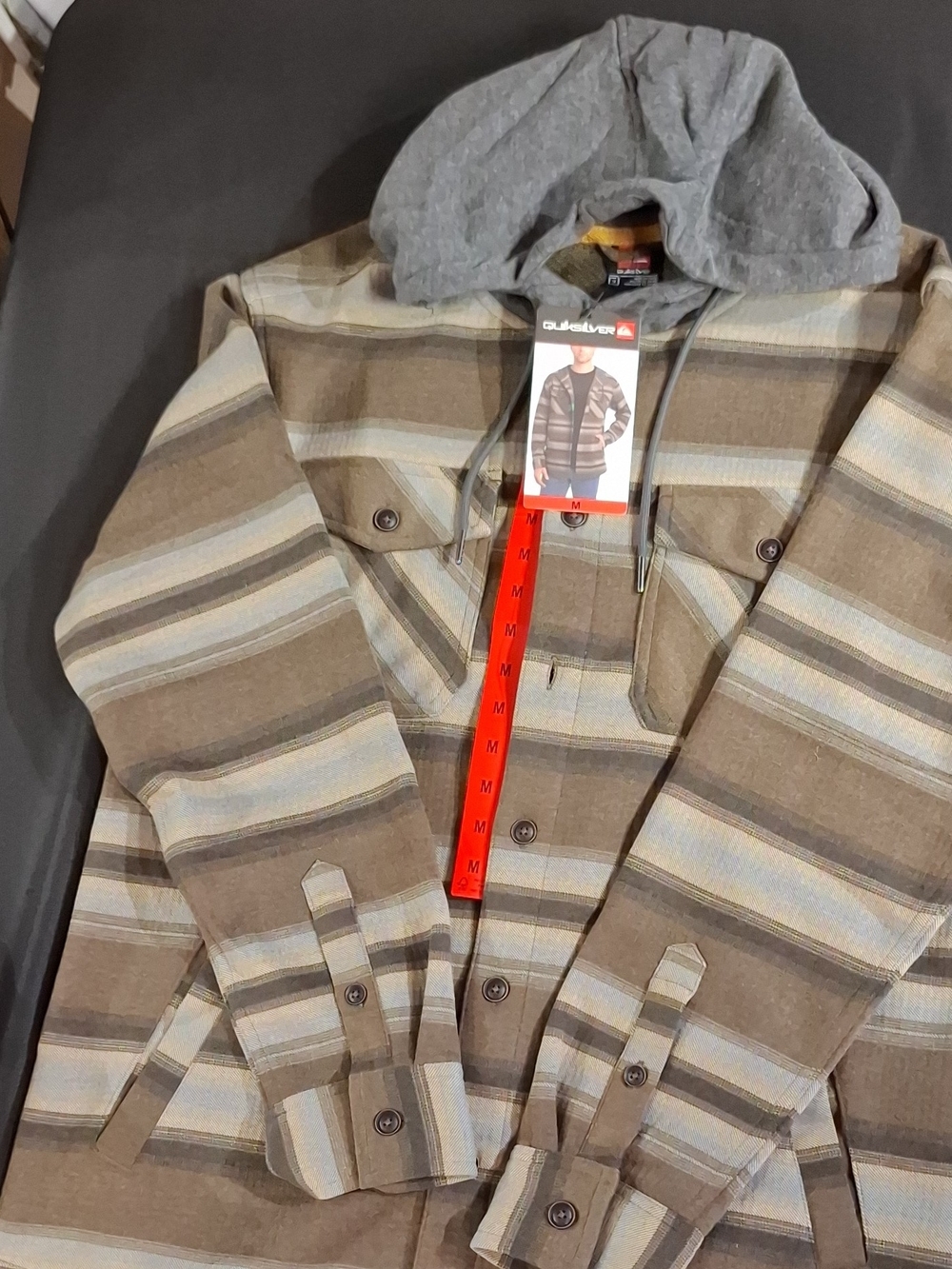 Quiksilver Men's Striped Hooded Shirt Jacket - Gray & Brown